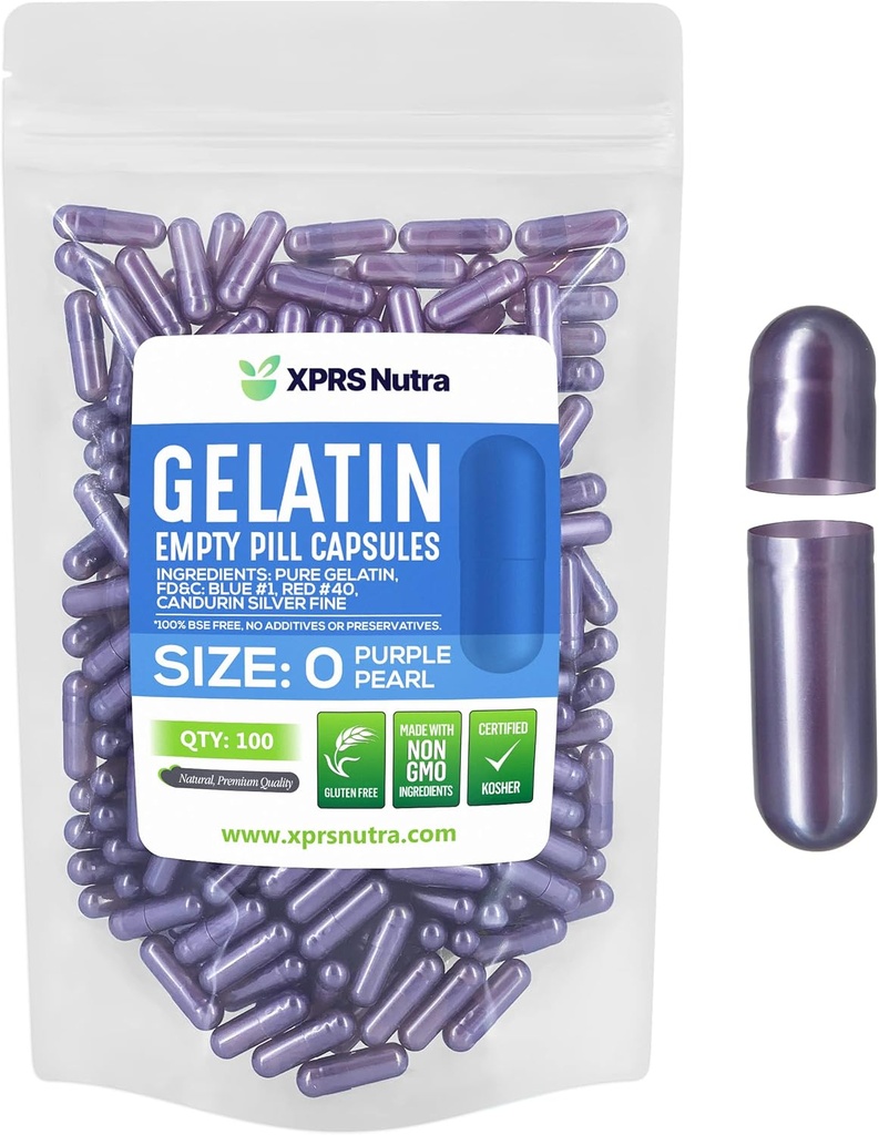 XPRS Nutra Size 0 Capsule Vuote - 100 Count Empty Gelatin Capsule - Pillole per Riempimento Capsule fai da te - Pure Bovine Pill Gel Caps per Do-It-Yourself Supplements (Pearl Purple)
