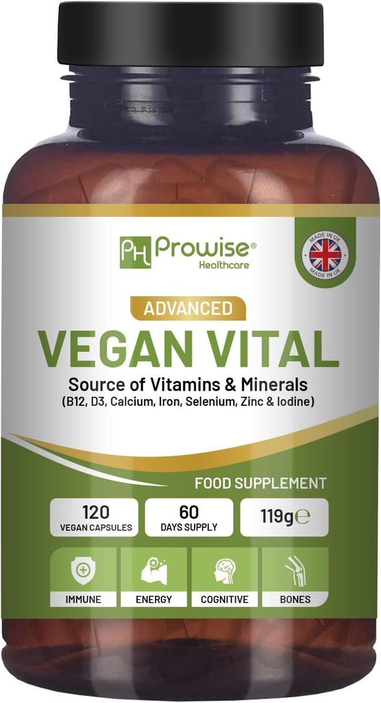 Vegan Vital Multivitamine und Mineralien | 120 Vegan Multivitamin Kapsel | Calcium, Vitamin B12, Vitamin B2, Vitamin D3, Selen, Iodin, Zink & Eisen | von Prowise Healthcare