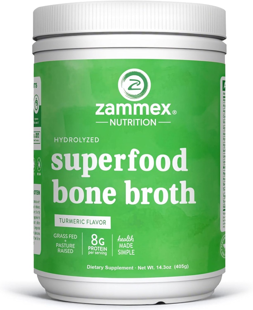 Zammex Bone Broth Plus Superfood Protein Powder (Turmeric Flavor), 8g Proteine idrolizzate con Vitamina D, per Pelle sana, Unghie, Capelli, Giunti & Digestione, Non-GMO (30 Serve)