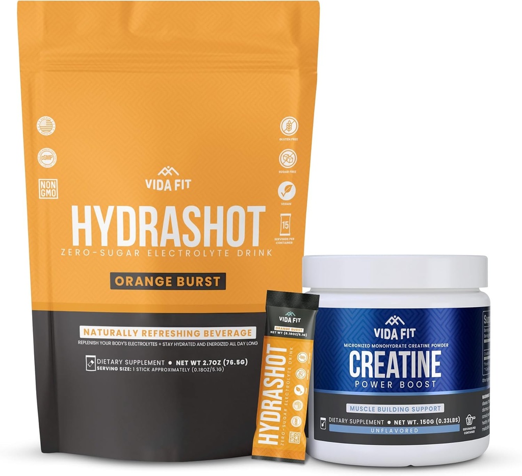 Hydration & Performance Bundle: 150g Micronized Creatine Monohydrate & Hydrashot Orange Electrolyte Hydration Powder (15 Servings) – Sugar-Free, Vegan, and Perfect for Endurance & Recovery