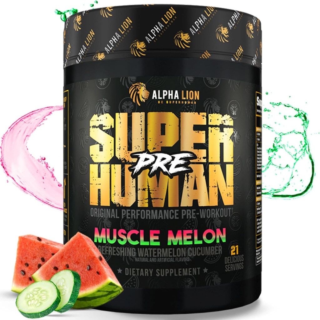ALPHA LION Poudre pré-entraînement surhumaine, Beta Alanine, L-Taurine et caféine Tri-Source pour énergie durable et focus, Oxyde nitrique et Citrulline pour pompe (21 portions, Muscle Melon)