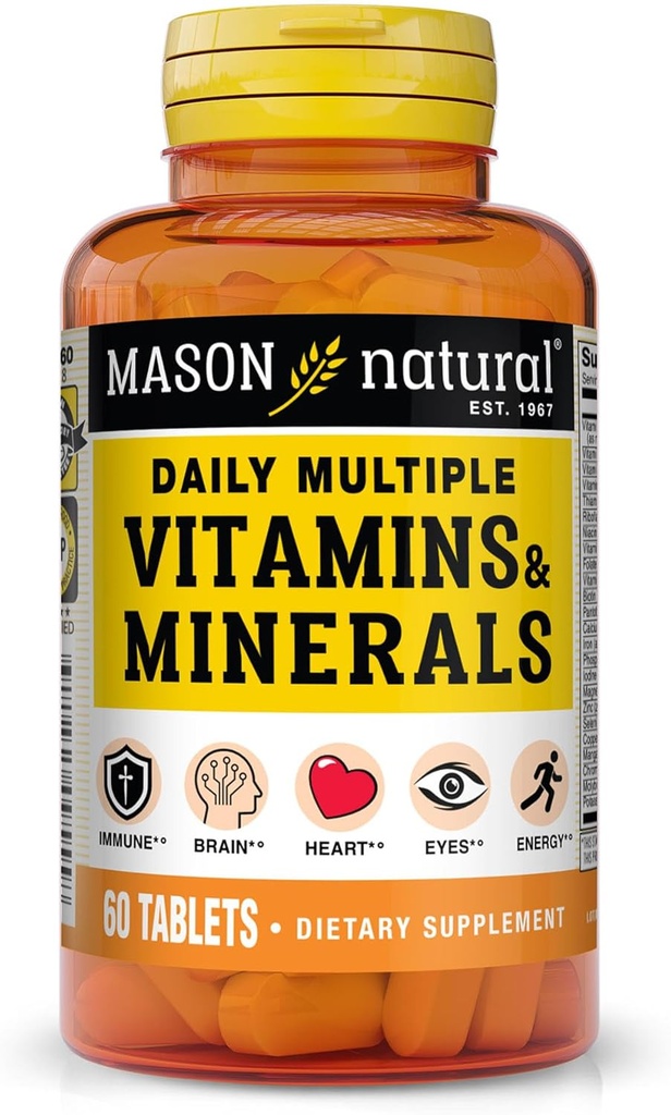 MASON NATURAL Daily Multiple Vitamins with Minerals, 24 Essential Nutrients for Overall Health, 60 Tablets