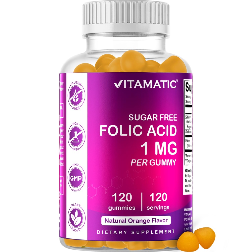 Vitamatic Sugar Free Folic Acid 1 mg Gummies 120 Count Orange Flavor | 1 mg Folic Acid, 1667 mcg DFE per gummy, Healthy cell growth, red blood cell formation, Gluten Free, Non GMO