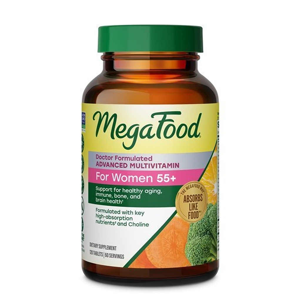 MegaFood Women's 55+ Advanced Multivitamin for Women - Doctor-Formuliert mit Choline, Vitamin D3, Vitamin B12, Biotin - Plus Real Food - Optimale Alterung, Vegetarisch - 120 Tabs (60 Servietten)