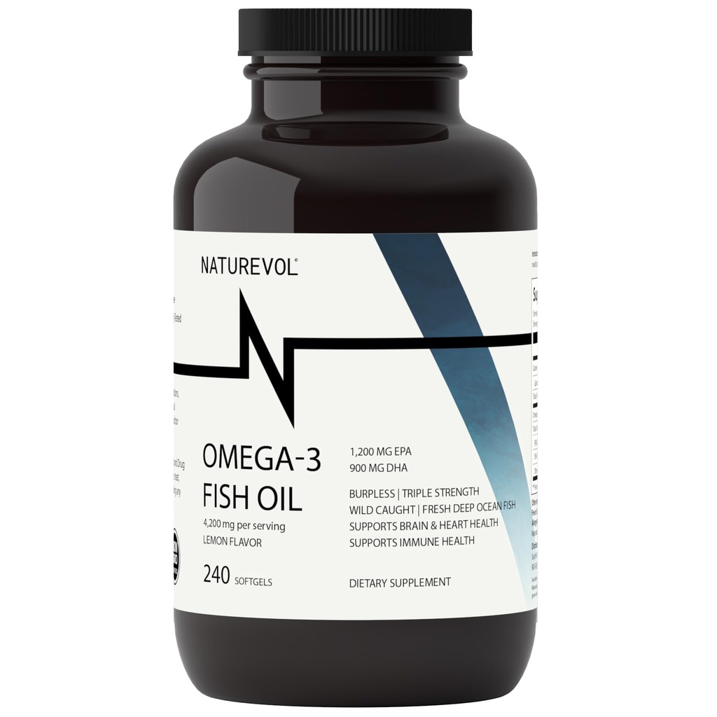 Triple Strength Omega 3 Fischöl 4200mg - Burpless | Über 2200mg Omega 3 Fettsäuren | 1200mg EPA + 900mg DHA | Die besten essentiellen Fettsäuren | Wild Caught/Deep Sea Fish, Lemon Flavored - 240 Softgels