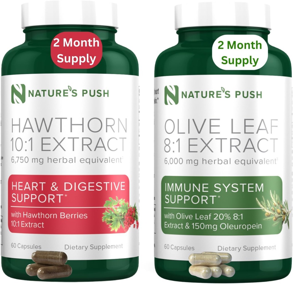 Nature's Push Hawthorn Berry und Olive Leaf Bundle von Super Potent 10:1 Hawthorn Berry Extract (2 Month Supply) und Olive Leaf Super Potent 8:1 Extrakt 20% Oleuropein 750mg Kapsel (2 Month Supply)