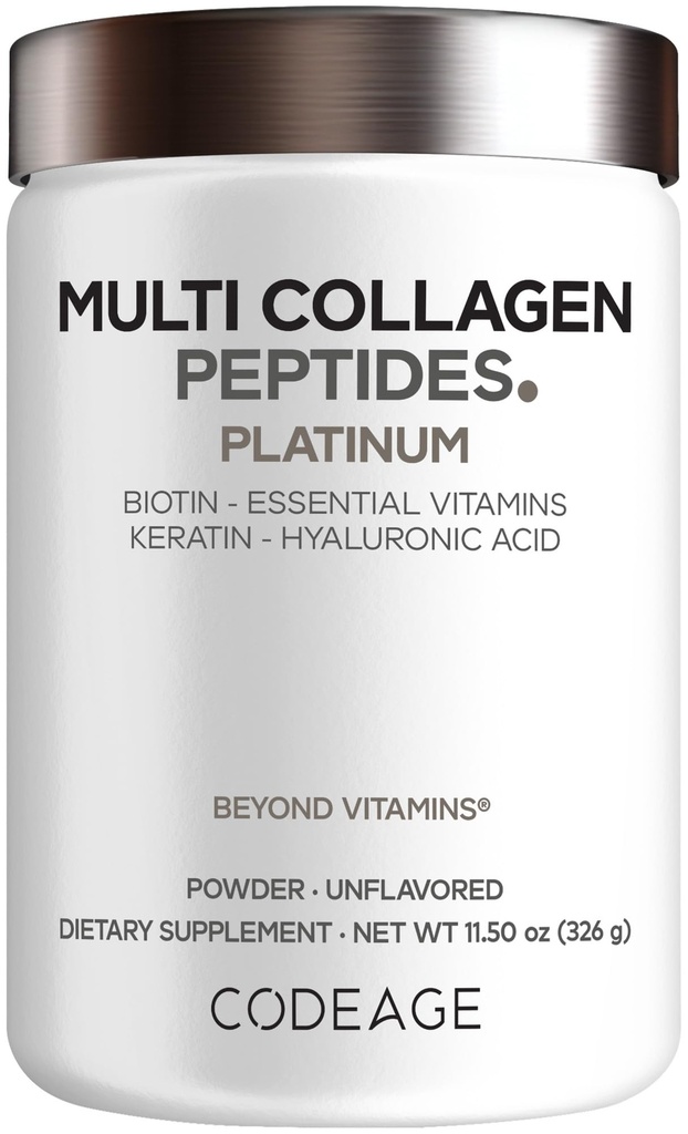 Codeage Multi Collagen per le donne e gli uomini Biotina 10000mcg Keratin, Protein Powder Vitamin C B6 D3, Acido ialuronico, Niacina - Crema per caffè al collage idrolizzato 5 tipi - Non aromaed - Non-GMO - 11,5oz