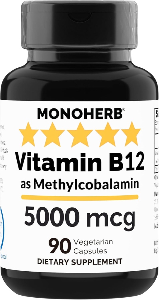 MONOHERB Vitamin B12 Methylcobalamin 5000 mcg - 90 Vegetarian Capsules - B12 Methyl