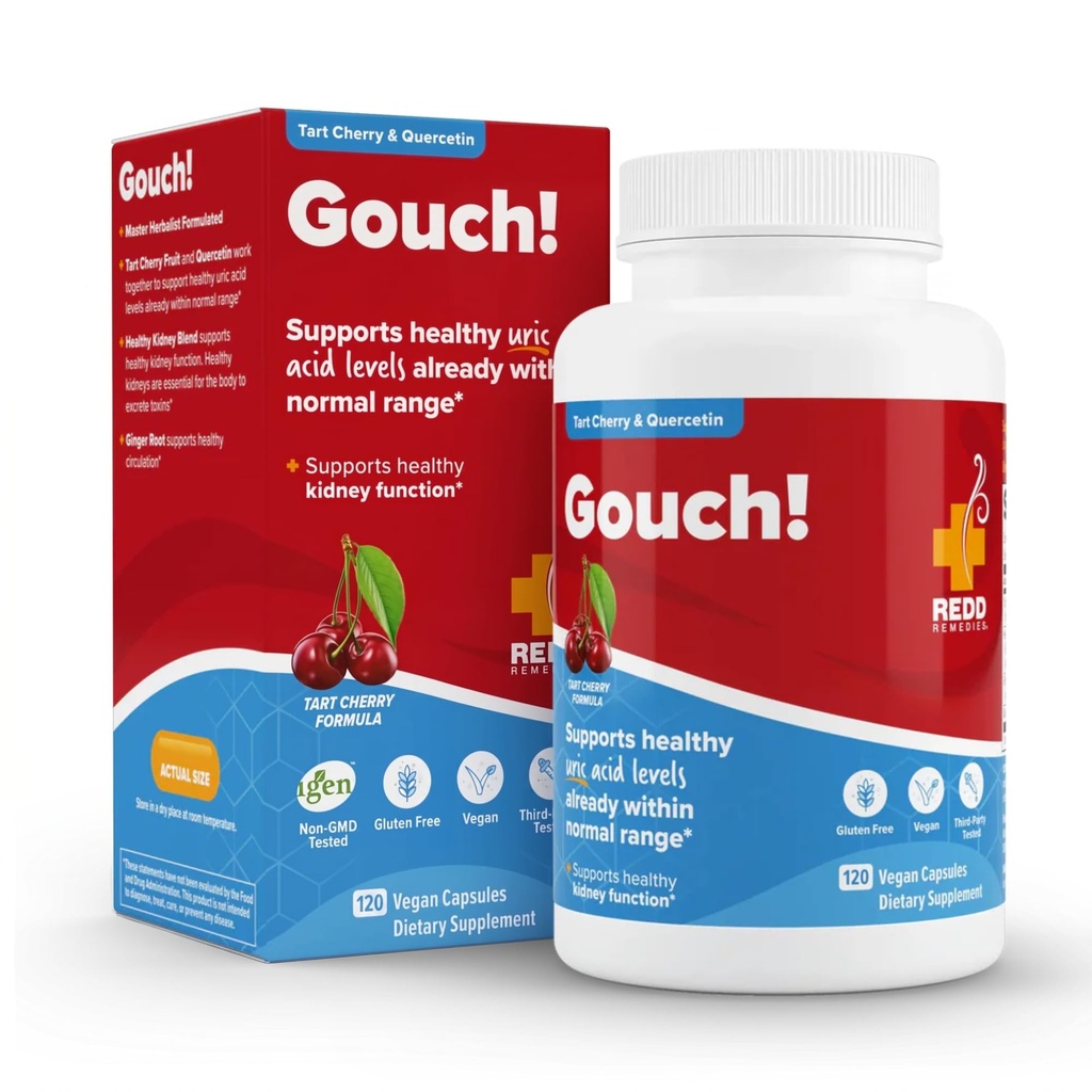 Redd Remèdes, Gouch!, Support supplémentaire pour les articulations et les niveaux d'acide urique, encourage une réponse inflammatoire saine, Tart Cherry & Quercetin, 120 Capsules Vegan