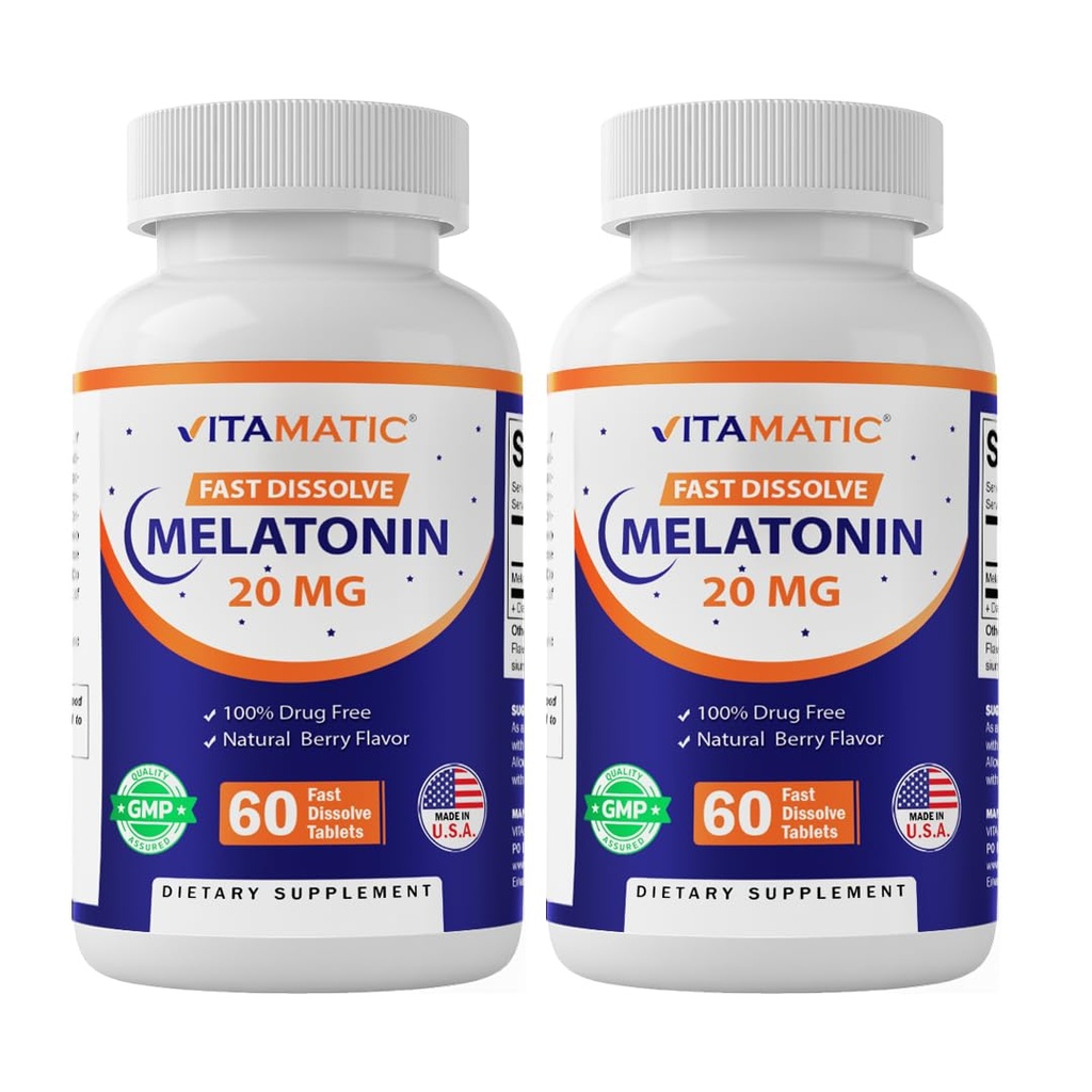 Vitamatic 2-Pack Melatonina ad alta potenza 20 mg – 60 compresse di dissolvenza rapida Totale supporto sonno rapido – Natural Berry Flavor | Vegetariano