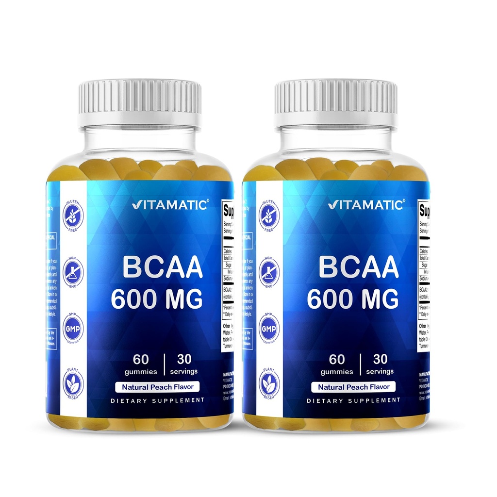 Vitamatic BCAA Gummis - Branch Chain Amino Acid Supplements - Peach Flavor - 600mg pro Servierung - 60 Vegan Pectin Based Gummies (2 Flaschen)
