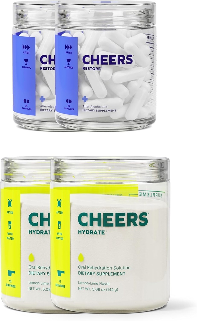 Cheers Classic Combo | Restore + Hydrate | Rehydrate & Feel Better Nach dem Trinken | DHM, L-Cystein, B-Vitamins, Elektrolyte | 12 Dosierungen jede | Liver Unterstützung | Elektrolyt-Ergänzungen