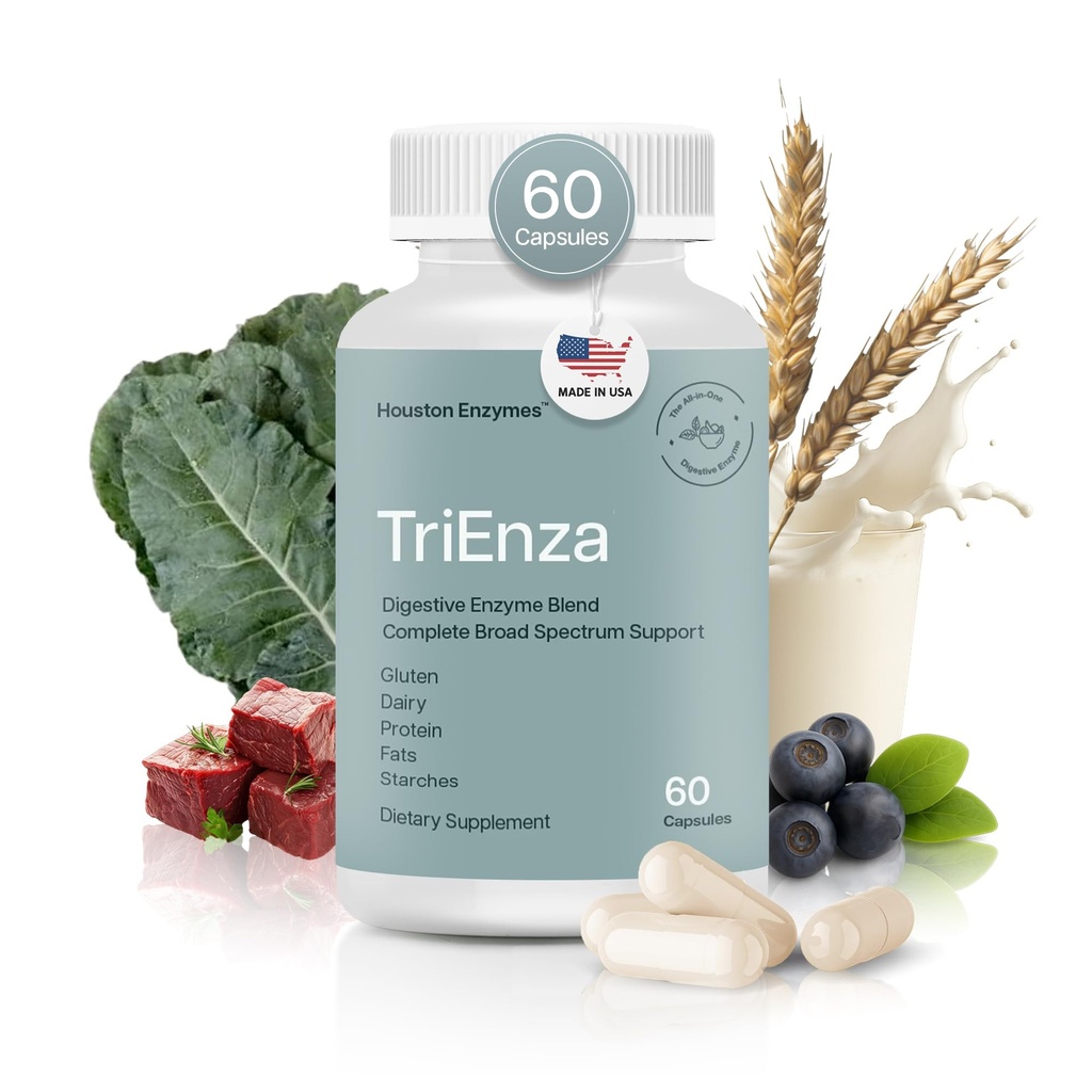 Houston Enzymes TriEnza - Integratore Digestivo per Glutine, Caseina, Soia, Proteine, Carboidrati, Grassi e Polifenoli - Enzimi Digestivi per Donne & Uomini (60 capsule)