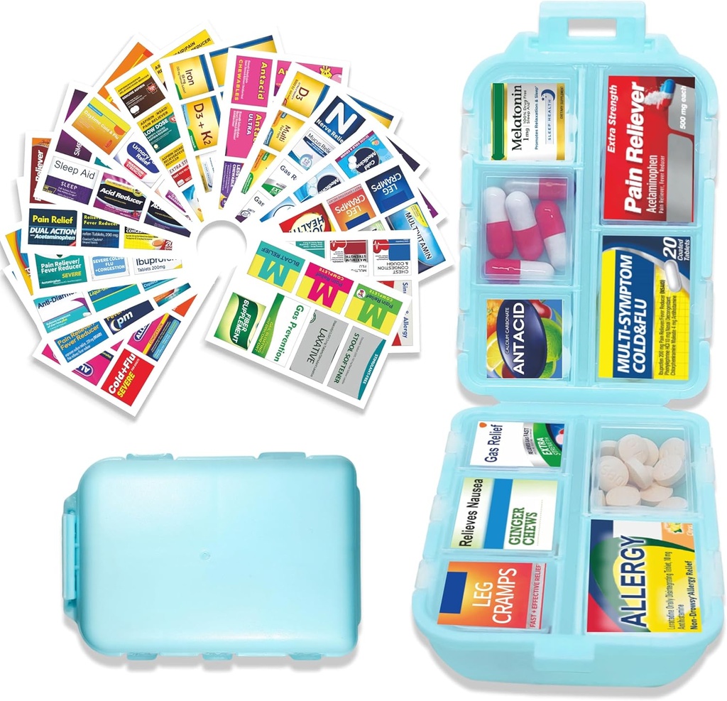 Pill Organizer mit Medizin Etiketten 146 Etiketten Travel Daily Pill Container Mini Medication Organizer Speicher Pill Organizer Reisen Essentials Pill Case 7 Day (Blau, 1 Pack(Large))