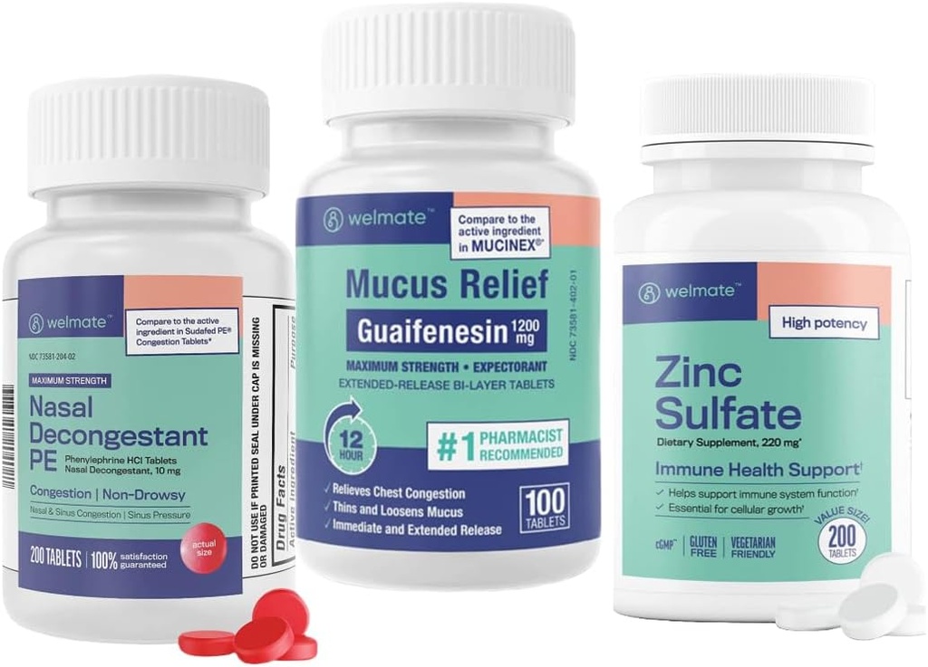 WELMATE Ultimate Cold & Allergy Relief Bundle: Maximum Strength Guaifenesin 1200 Mg Mucus Relief (100 Tabletten), Phenylephrine HCl 10 mg Nasal Decongestant (200 Tabletten) & Zinksulfat 220mg