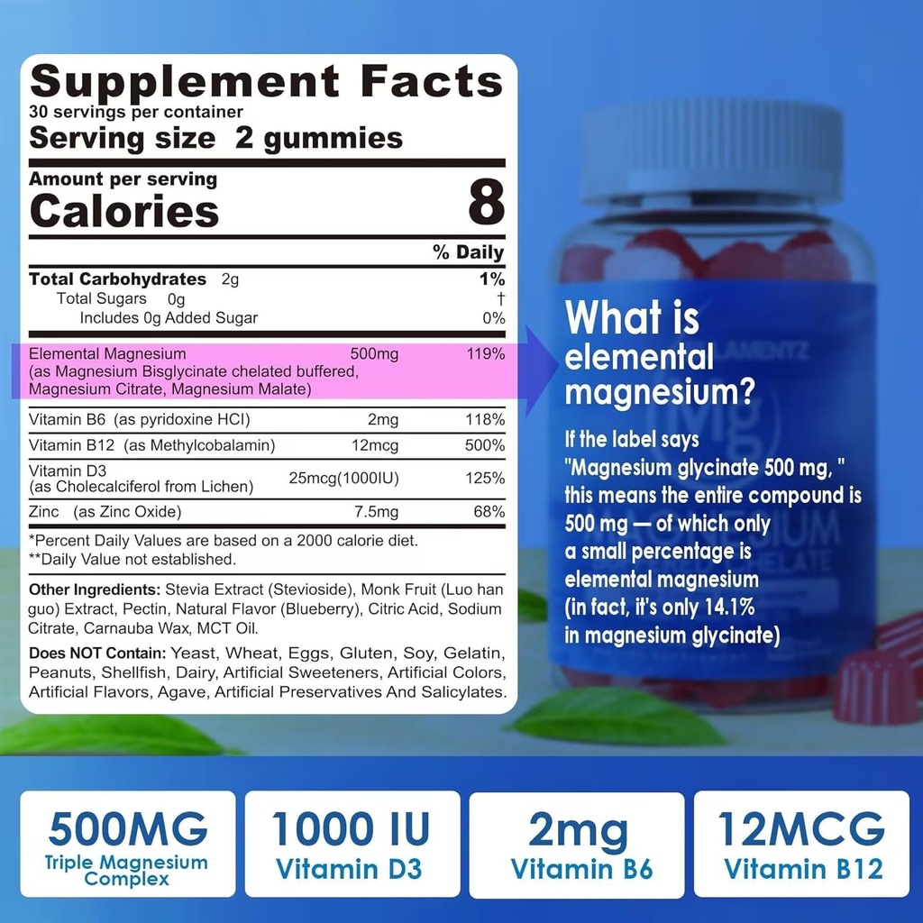 Magnesio Supplemento 500mg, Magnesio Complesso Gummies w/Magnesium Glycinate, Malate, Citrate, D3, B6, B12 per il sonno, Migraine Relief, Muscle & Bone, Ultimate Absorption Magnesium Supplement, 2 Pack