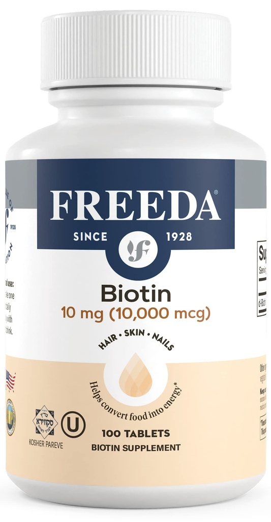 FREADA Biotin 10 000 mcg – Supplément cheveux, peau et ongles casher – B7 haute puissance pour la croissance des cheveux et les ongles forts – Comprimés végétaliens avec D-Biotin – 100 comprimés minuscules