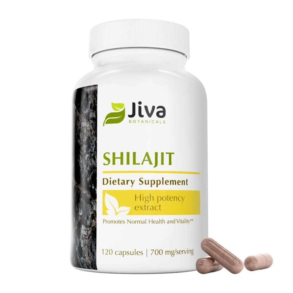 Jiva Botanicals Premium Shilajit Supplement 700 mg - Shilajit Kapseln Extrakt mit Mineralien, Fulvic/Humic Säure für Immununterstützung & Nomal Digestive Gesundheit - 120 Vegan Kapsel (Pack von 1)