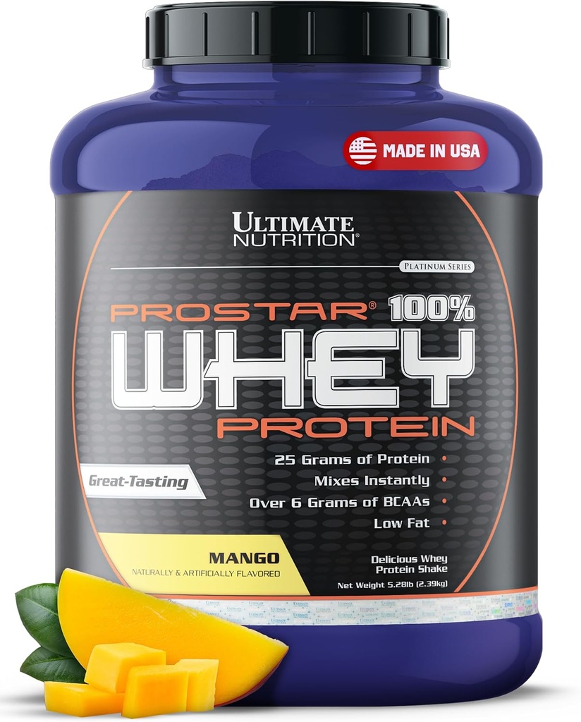 Ultimate Nutrition Prostar Whey Protein Powder Isolate, Mango - Low Carb, High Protein Shake für Muskelaufbau & Recovery - Low Sodium, Low-Fat & Keto Friendly - 5,28 lbs Tub