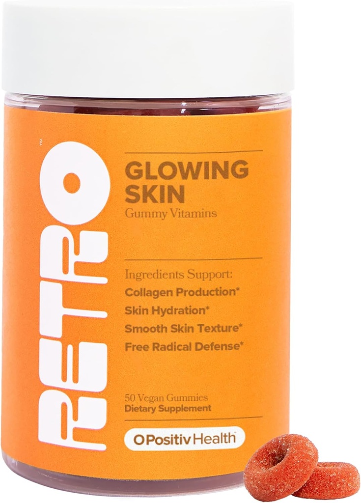 O Positiv RETRO Gummy Glowing Vitamine della pelle per la produzione di collagene– Astaxantina, Vitamina E, Bamboo Extract, Hibiscus & Vitamina C – Vegan Skin Gummies for Smooth Skin & Hydration, 50 Count (Pack of 1)