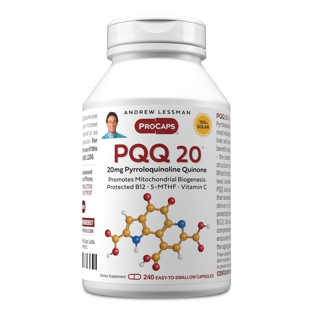 ANDREW LESSMAN PQQ 20mg - 240 Kapseln - 20mg Pyrrolochinolin Quinone, Naturschutzmittel unterstützt Vitalorgane, Herz, Gehirn, Leber, Immunsystem. Mitochondriale Biogenesis, keine Zusatzstoffe