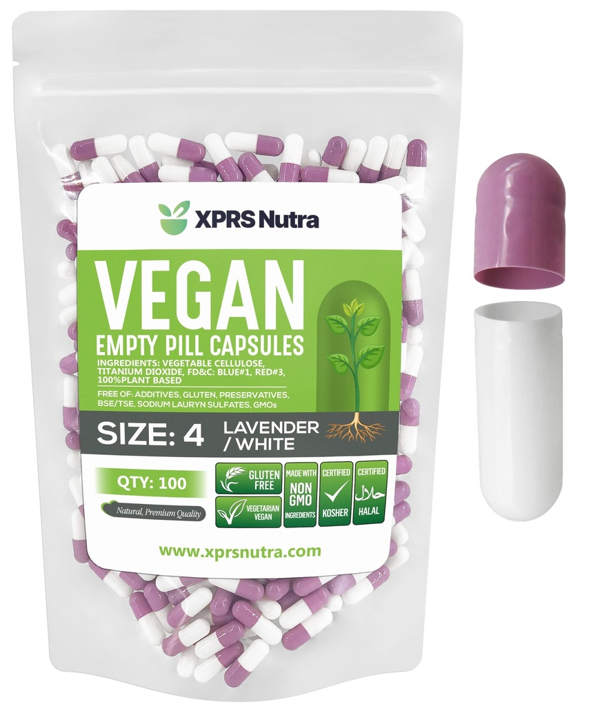 XPRS Nutra Größe 4 Leere Kapseln - 500 Count Small Empty Vegan Kapseln - Vegetarische Pillen - DIY Gemüse Kapsel Füllung - Fillable Do-It-Yourself Veggie Kapseln für Ergänzungen (Lavender/White)
