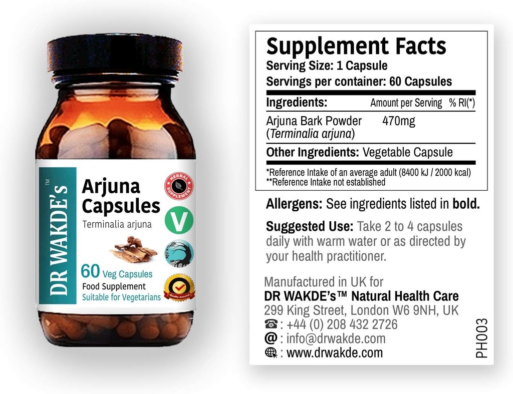 DR WAKDE Arjuna Capsules (Terminalia arjuna) | 60 Veg Caps | Ayurvedic Supplement | Vegan | 100% Kräuter | Quantität Rabatte | Gleiche Tag Versand