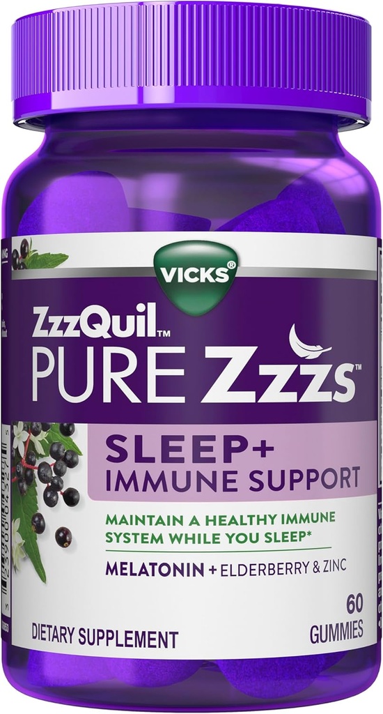 ZzzQuil Pure Zzzs Sleep + Immun Support Melatonin Schlafhilfe Gummis mit Elderberry, Zink, Kamille, Lavender, & Valerian Root, 1mg pro Gummy, 60 ct