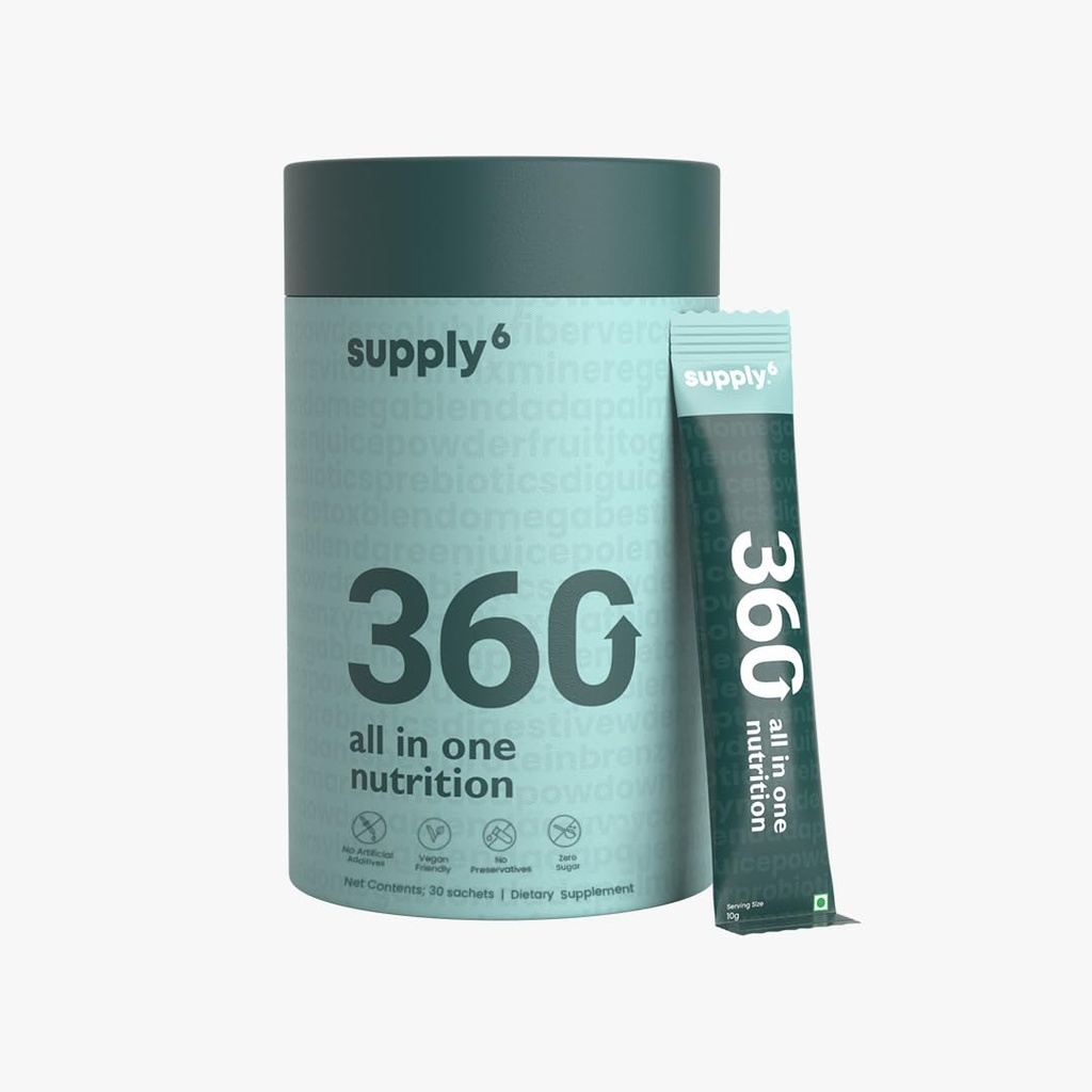 SUPPLY6 360 Greens Pulver mit 80+ Superfoods, Ayurvedische Kräuter, Vitamine, Mineralien, Probiotics & Botanicals | Unterstützt Energie, Gut Gesundheit & Immunität | Plant-Based & No Added Sugar | 15 Servings