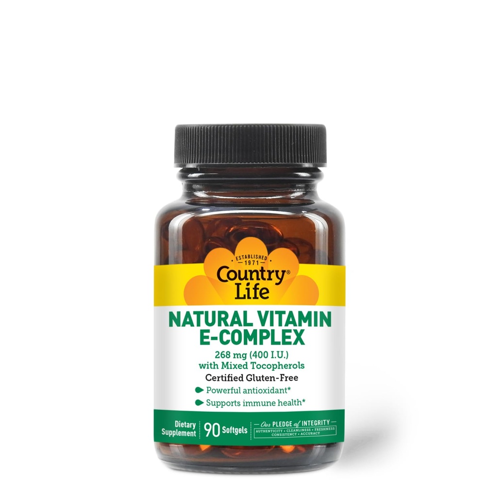 Country Life Vitamin E-Complex 400 IU – Natürliche gemischte Tocopherole – Antioxidantien & Immununterstützung – fördert Hautgesundheit und oxidative Stress – Zertifizierte Glutenfrei – 90 Softgels