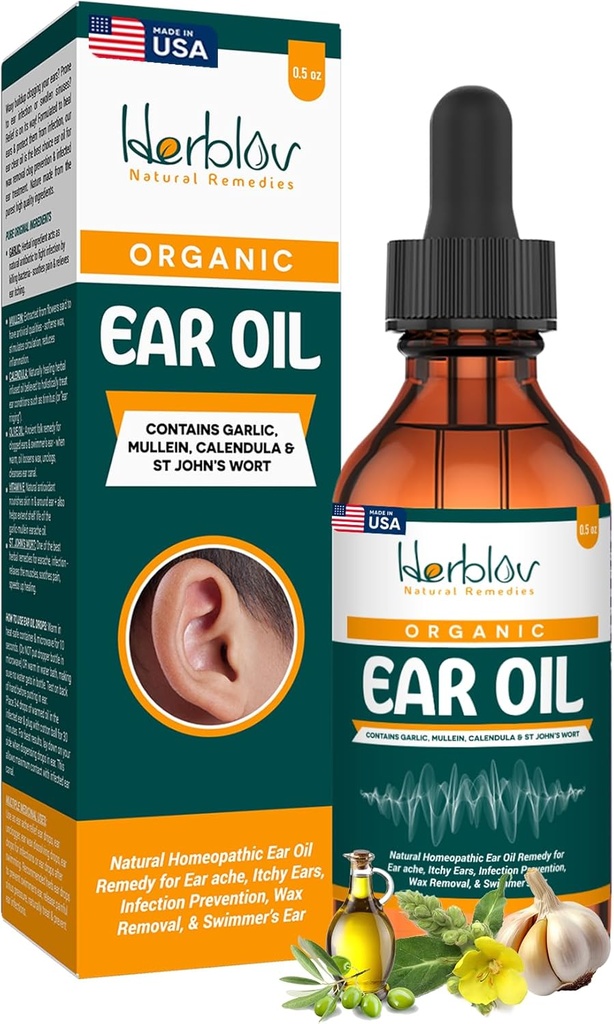 Bio-Ear-Öl für Ohr-Infektionen - Natürliche Eardrops für Infektionsprävention, Swimmer's Ear & Wax Entfernung - Kinder, Erwachsene, Baby, Hund Earache Remedy - mit Mullein, Knoblauch, Calendula, Made in USA