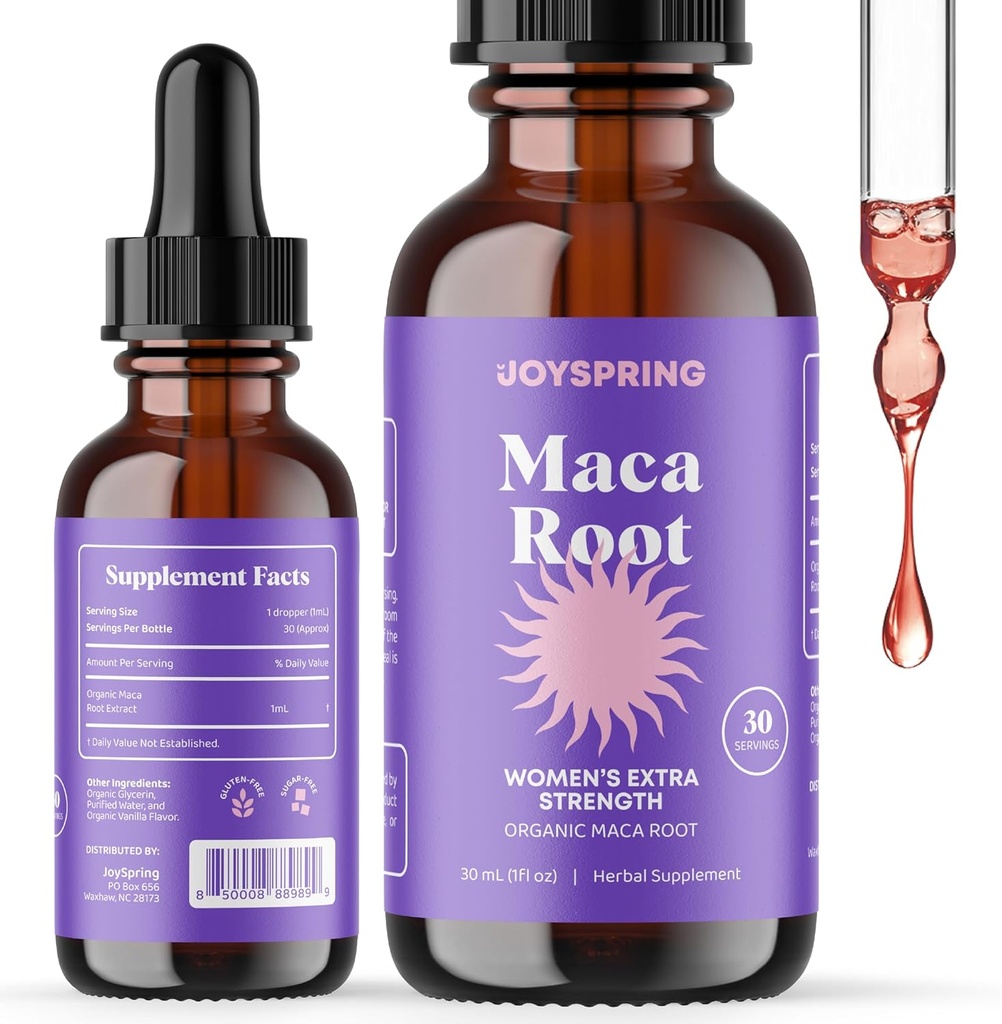 JoySpring Bio Maca Wurzel flüssige Tropfen für Frauen – Energie & Wellness Peruvian Maca Supplement – Neue Mutter Geschenke – mit Vitaminen B2, B6, Niacin (B3), Eisen & Calcium – 1 oz | 30 Servierungen