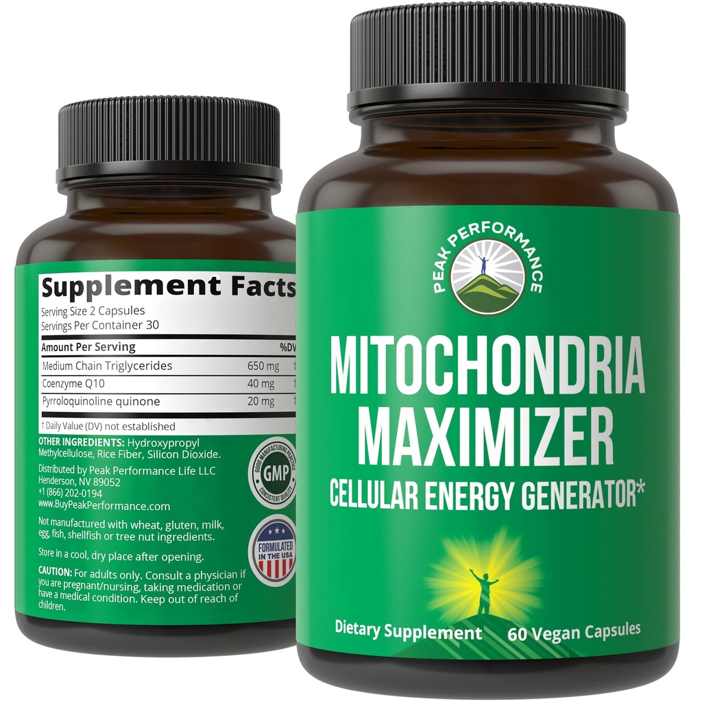 Mitochondria Maximizer mit CoQ10 und aktivem PQ. Best Mitochondrial Support Supplement mit MCT-Öl. Natürlicher Zellgenerator für saubere, fokussierte Energie 60 Vegetarische Kapseln