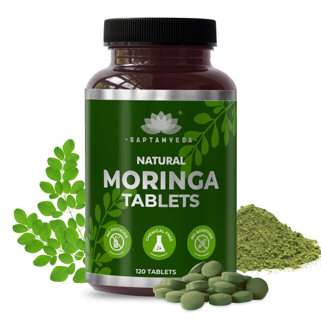 SAPTAMVEDA Natural Moringa Tablets, Drumstick Leaf Tablets (120 compresse) - 500mg Ogni | Natural Multi-Vitamin | Rich in Anti-Ossidante, Immunity Booster | Buono per capelli e pelle da India Farms
