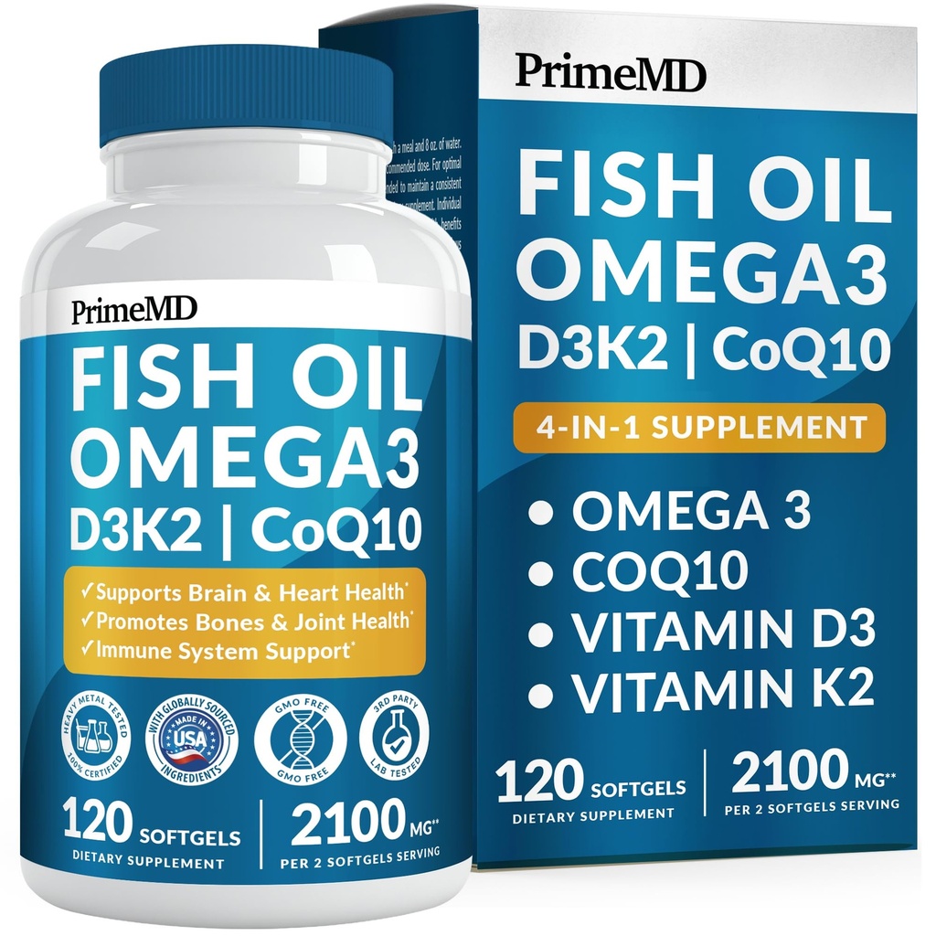 4-in-1 Fish Oil Omega 3 Fatty Supplements (2100mg) - Omega 3 Fish Oil con vitamine D3 K2 e CoQ10 - Limone aromatizzato (120 softgels)