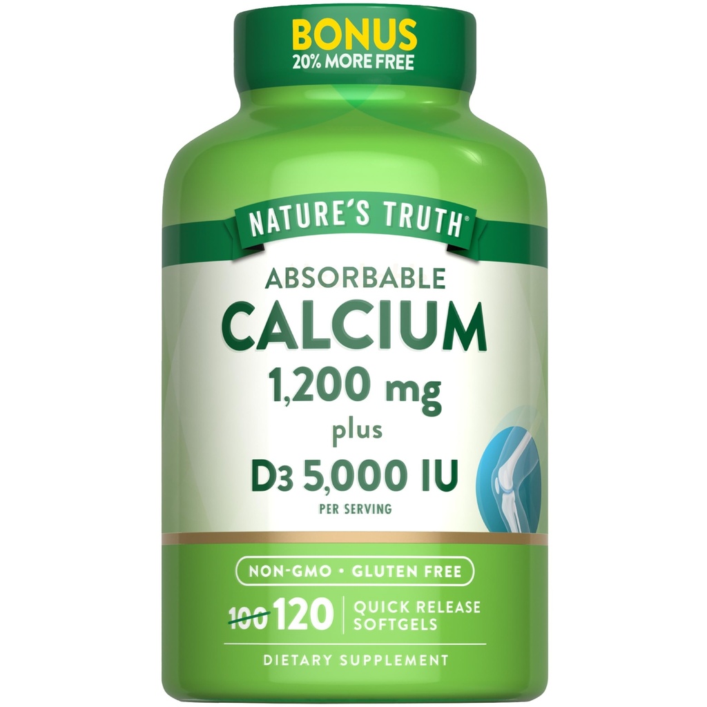 Nature's Truth Absorbable Calcium 1200 mg mit Vitamin D3 5000 IE | 120 Softgels | Calcium Carbonate | Non-GMO & Gluten Free Supplement