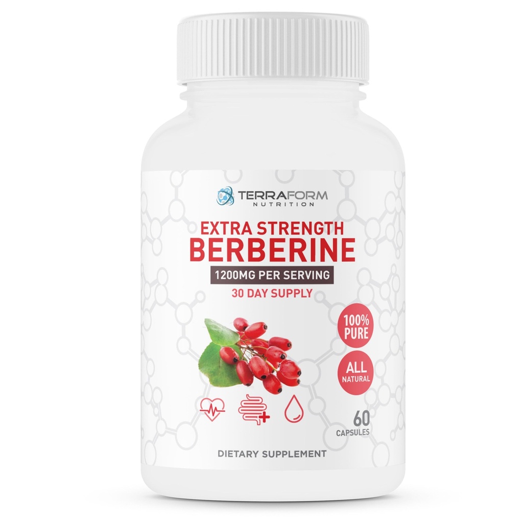Berberina Supplemento - 1200mg Max Strength Berberine HCl Per Serving - Pure Berberine - 60 capsule, 600mg ogni - 1 mese di fornitura - TerraForm Nutrition