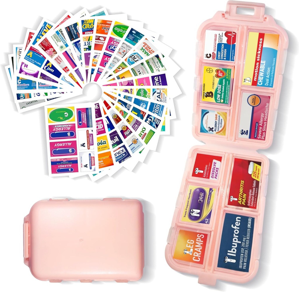 Organizzatore di pillole con etichette di medicina 161 Etichette Travel Daily Pill Container Mini organizzatore di pillole di immagazzinamento dell'organizzatore di viaggio Essentials Pill Case 7 giorno (Pink, 1 pacchetto)