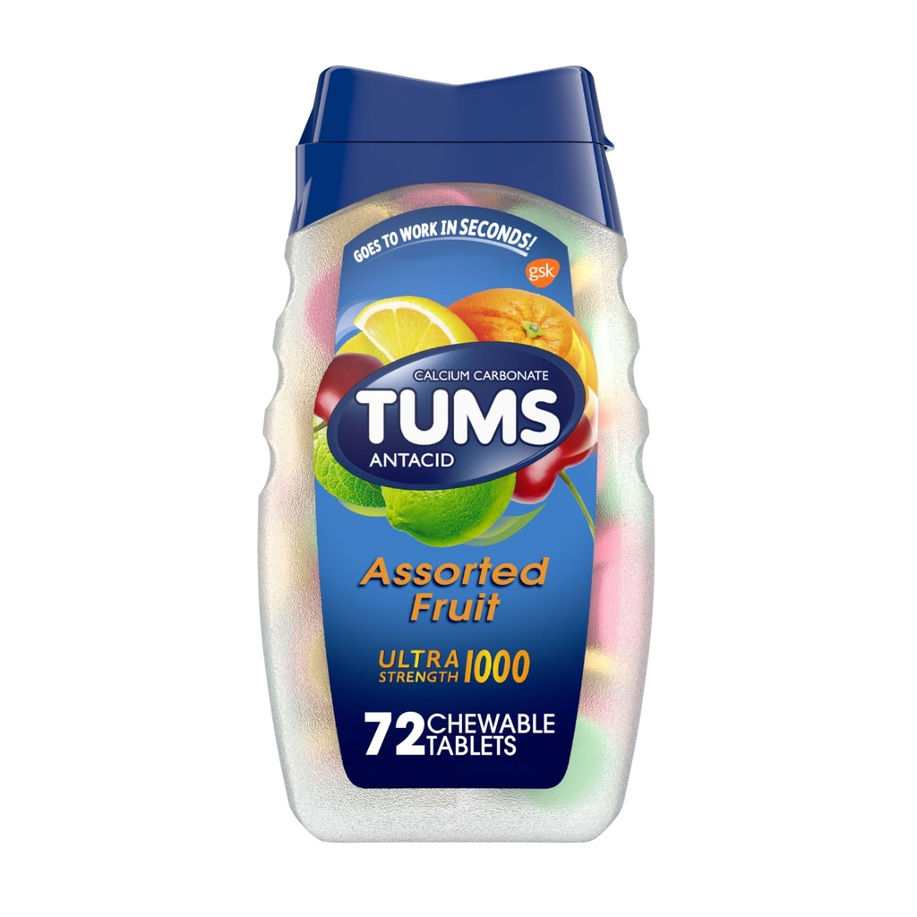 Tavolette anacide ad ultra resistenza TUMS per sollievo da stomaco masticabile e sollievo da indigestione acida, frutta assortita - 72 conte