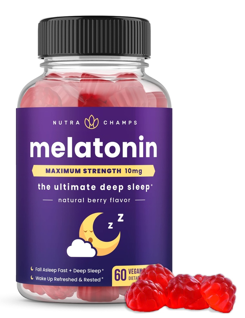 NutraChamps Melatonin Gummies per adulti, Vitamine di aiuto al sonno ad alta resistenza, 5mg o 10mg Dose, Vegan Natural Strawberry Flavor Supplemento per un sonno migliore, Cicli di sonno sano, 60 Gummies
