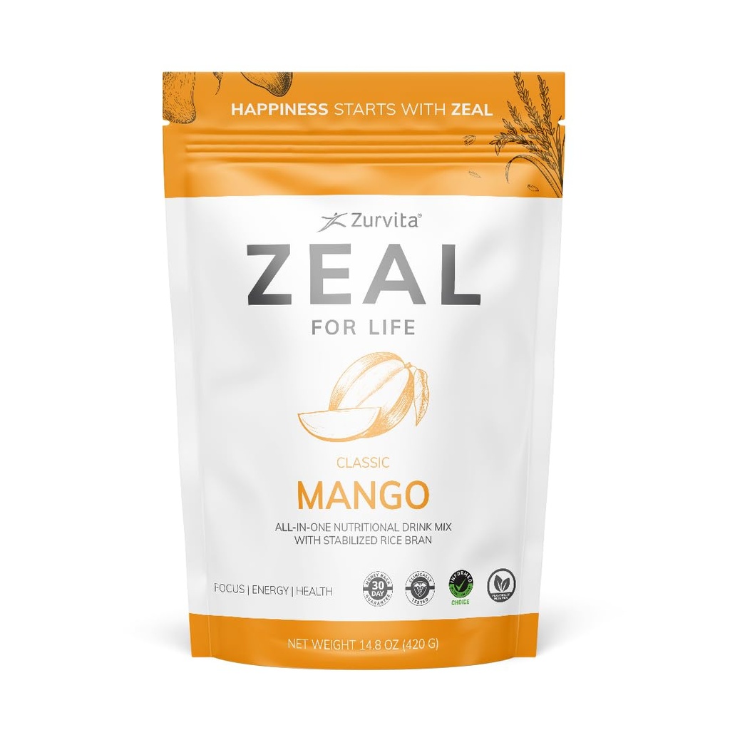 Zurvita Zeal for Life Wellness Drink Mix - Mango Flavor - Sans gluten, végétalien, avec biotine, vitamines B12, C, D, E, fer, magnésium - 30 portions (420g)