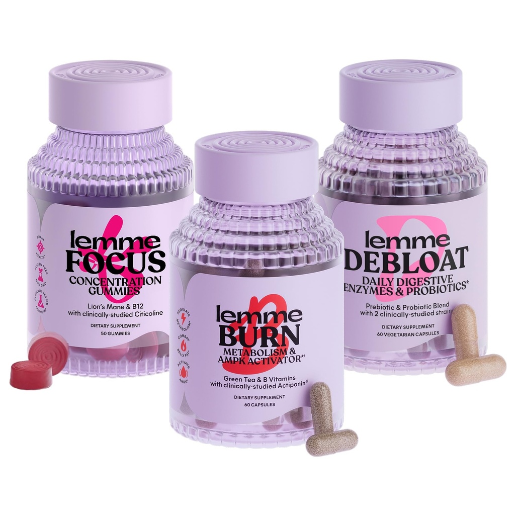 Lemme Burn, Debloat & Focus Bundle | Metabolismus & Fettverbrennung + Blähungen & Gas Relief Kapseln + Fokus & Gehirngesundheit Gummies | Glutenfrei, Nicht-GVO | 60 Count Kapseln & 50 Count Gummies