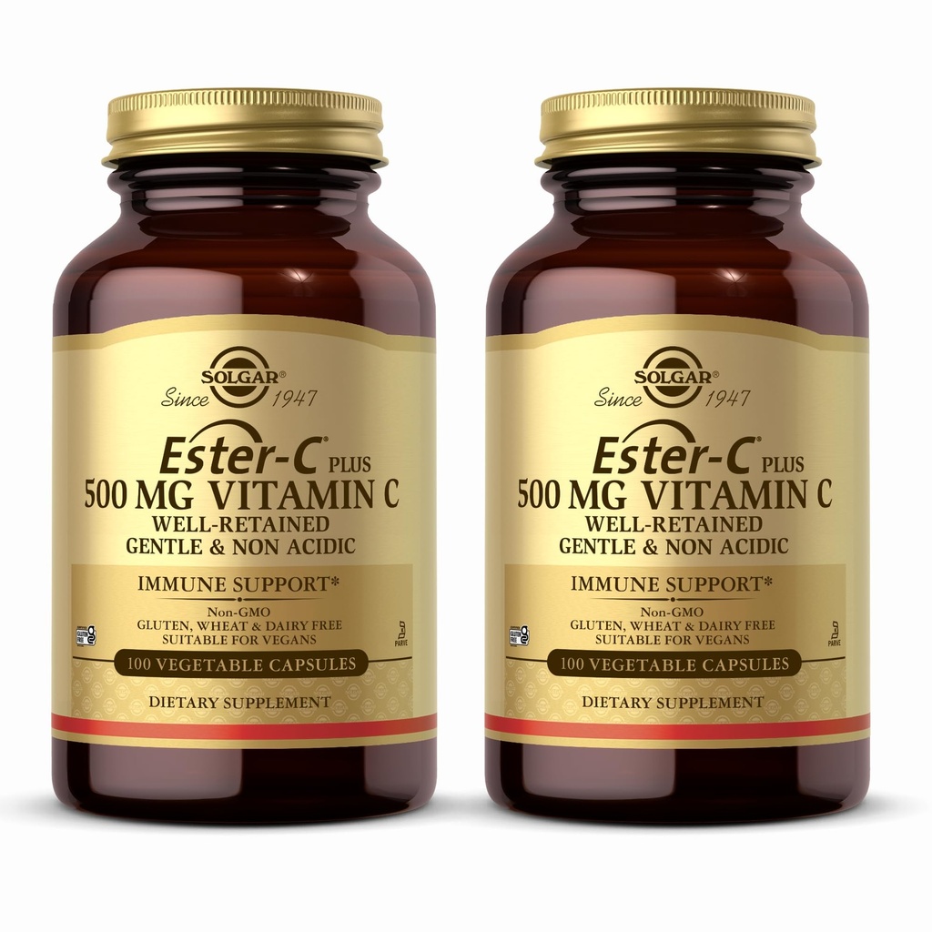 Solgar Ester-C Plus 500 mg Vitamin C (Ascorbate Complex) - 100 Pflanzliche Kapseln, Packung mit 2 - Antioxidantien und Immununterstützung - Non GMO, Vegan, Glutenfrei, Kosher - 200 Gesamt Servierungen