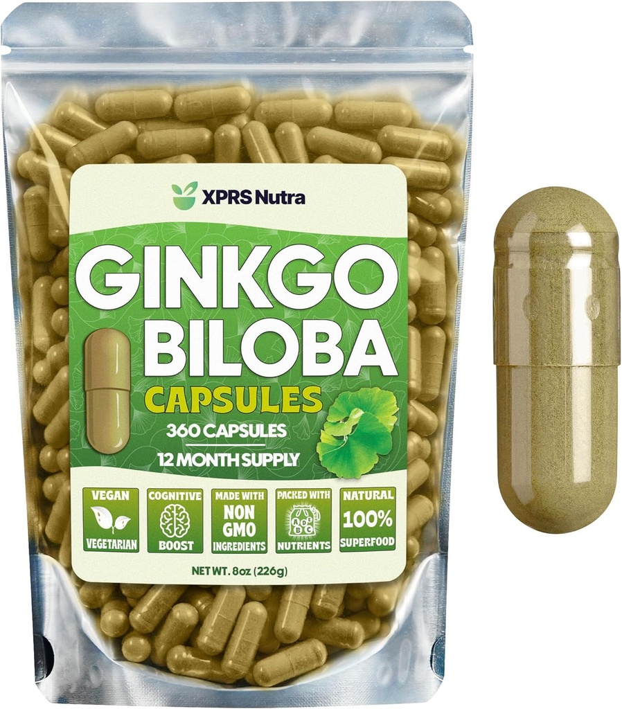 XPRS Nutra Ginkgo Biloba Kapseln - Gingko Biloba Gekapselte Ergänzungen für Kognition - Vegan Friendly Ginkoba Biloba - Immunität Boosting Ginkgo Biloba Kapseln - 360 Count