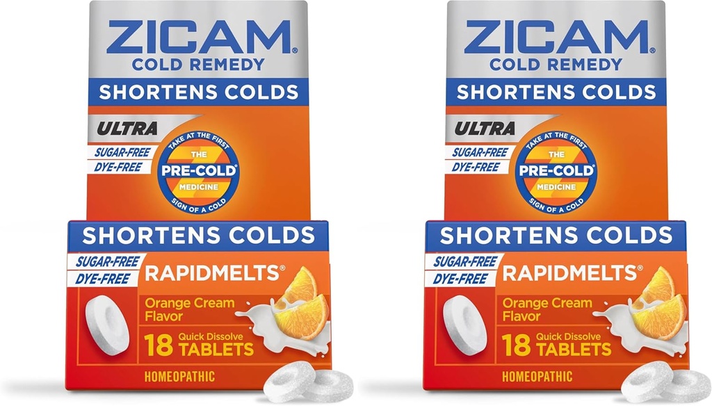 Zicam Ultra Cold Remedy Zinc Rapidmelts, Orange Cream Flavor, Homöopathic, Kalte Verkürzung Medizin, verkürzt Kalte Dauer, Sugar-Free, Dye-Free, 18 Count (Pack von 2)