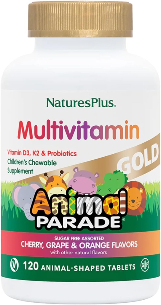NaturesPlus Animal Parade Gold Children's Multivitamin - Assorted Cherry, Arancione & Uva Flavors - 120 compresse masticabili animali, Confezione da 4 - Vegan, Gluten Free - 240 Total Servings