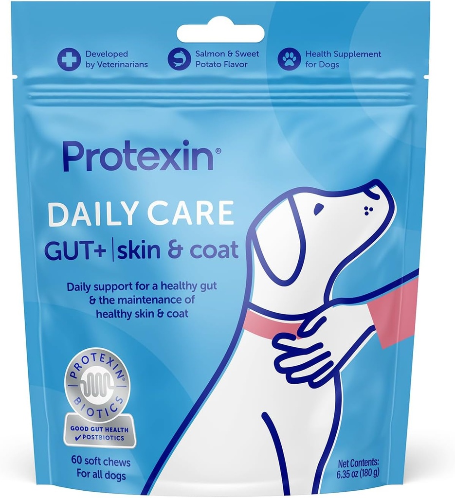Protexin Daily Care Gut+ Skin & Coat | 60 Dog Chews, Salmon and Sweet Potato Flavor Dog Supplement | Probiotics for Dogs, Dog Postbiotics