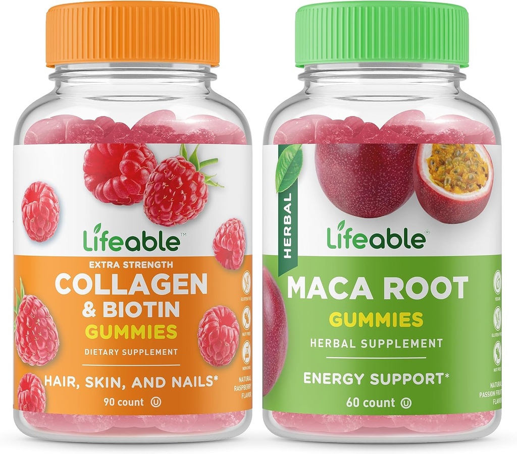 Collagène et biotine vivaces + Moringa Leaf, Gommies Bundle - Grande dégustation, supplément de vitamine, sans gluten, sans OGM, gommy à croquer