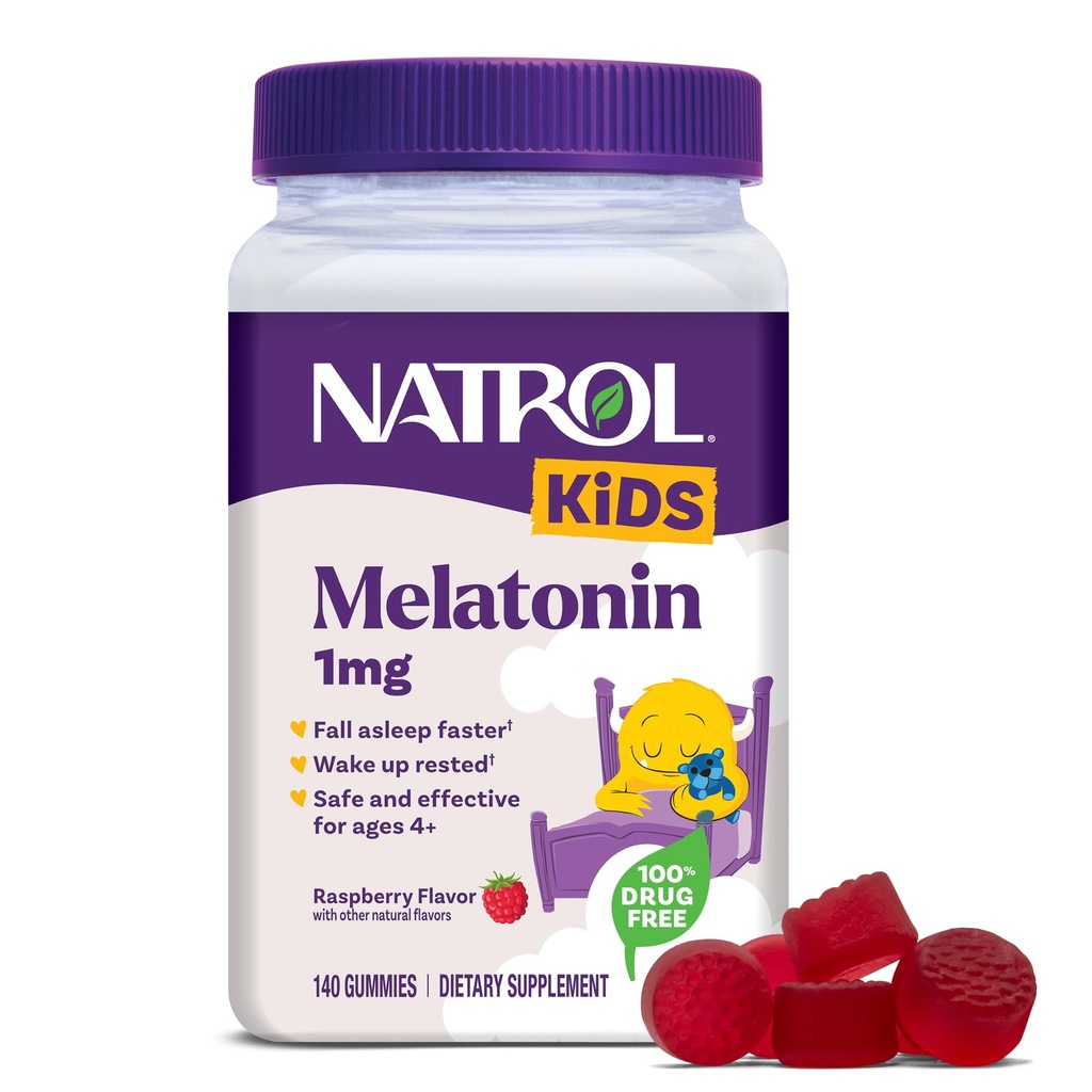 Natrol Kids Melatonin Gummies 1mg, Melatonina per il sonno riposante, 140 Gummie per il sonno aromatizzate al lampone, 140 giorni di alimentazione