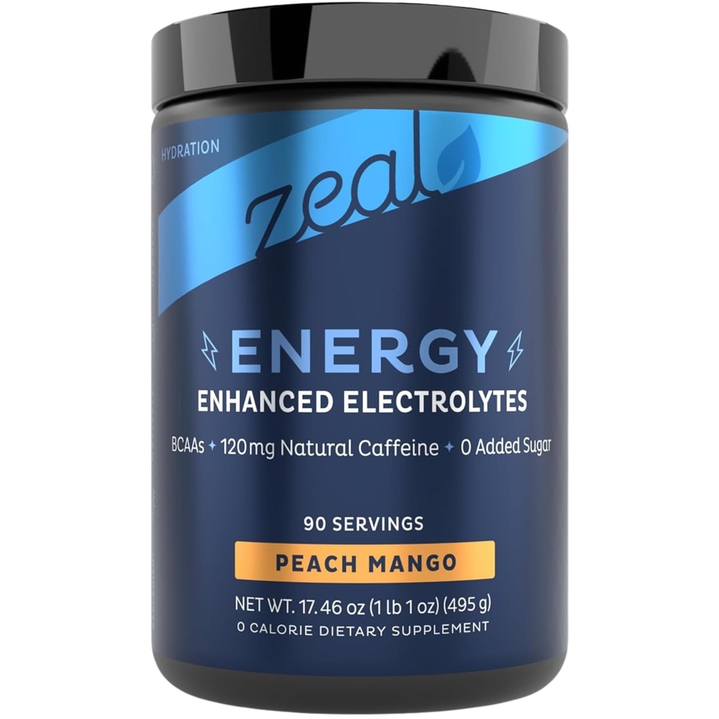 Zeal Naturals Pre-Workout Elektrolyt + Energy Powder Drink Mix (90 Portionen | Peach Mango)